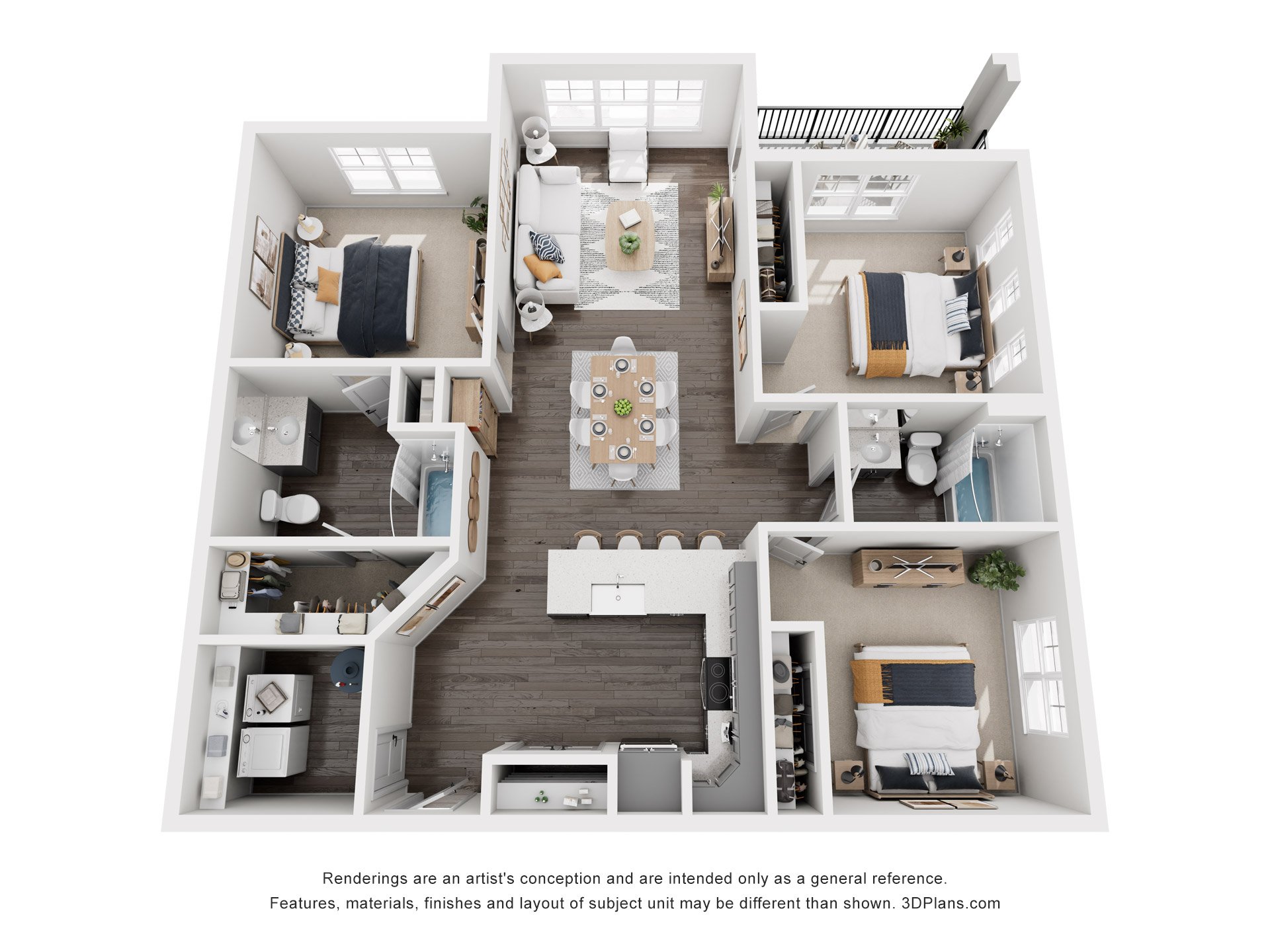 Floor plan for 3 beds, 2 baths, 1319 sqft